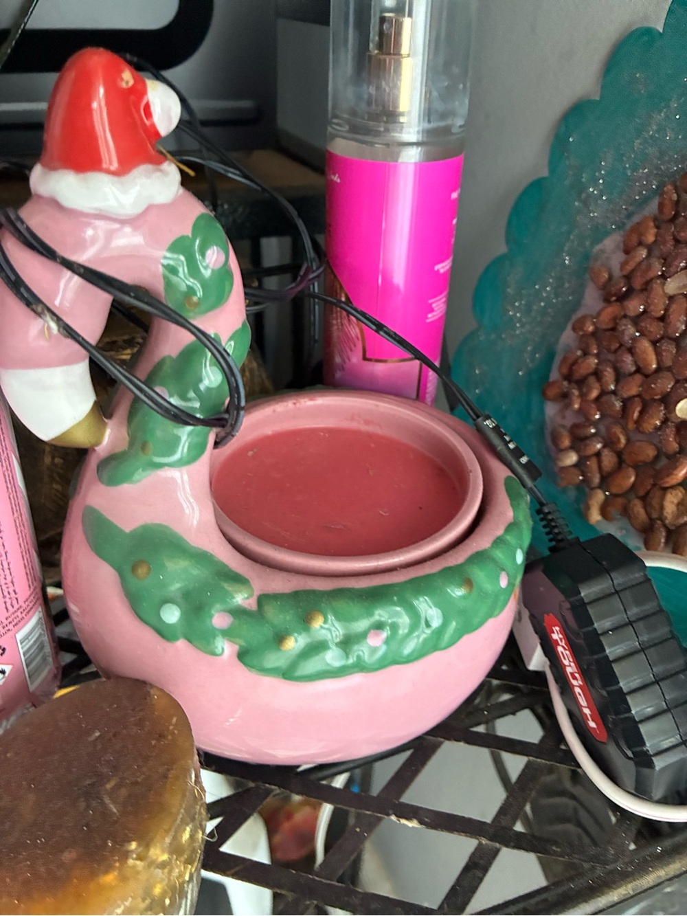 Pink Ceramic Santa flamingo Tea Light Holder with Green Garland